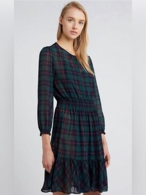 J. Crew Dark Green Plaid Long-Sleeve Smocked-Waist Dress Size Small